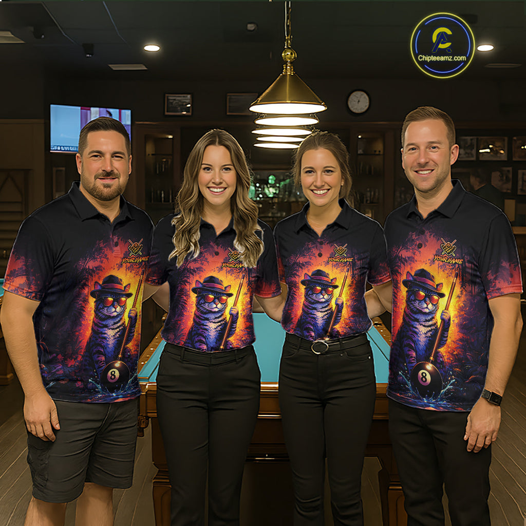 Personalized Vintage Funny Cat 8 Ball Billiard Shirt, Pool Team Jersey Polo & 1/4 Zip