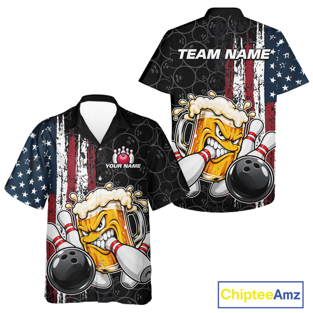 Vintage American Flag Funny Beer Bowling Hawaiian Shirt Custom Patriotic Bowling Team Button Up Jersey
