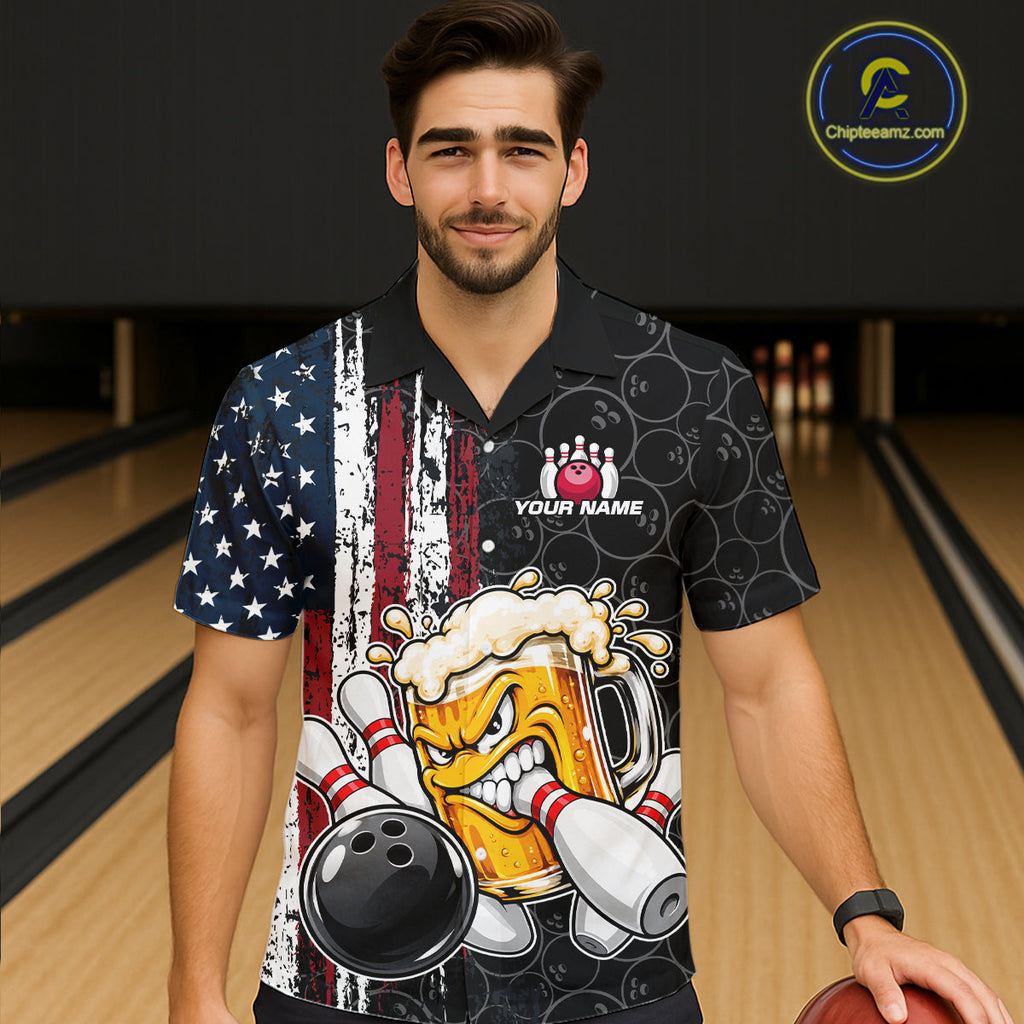 Vintage American Flag Funny Beer Bowling Hawaiian Shirt Custom Patriotic Bowling Team Button Up Jersey