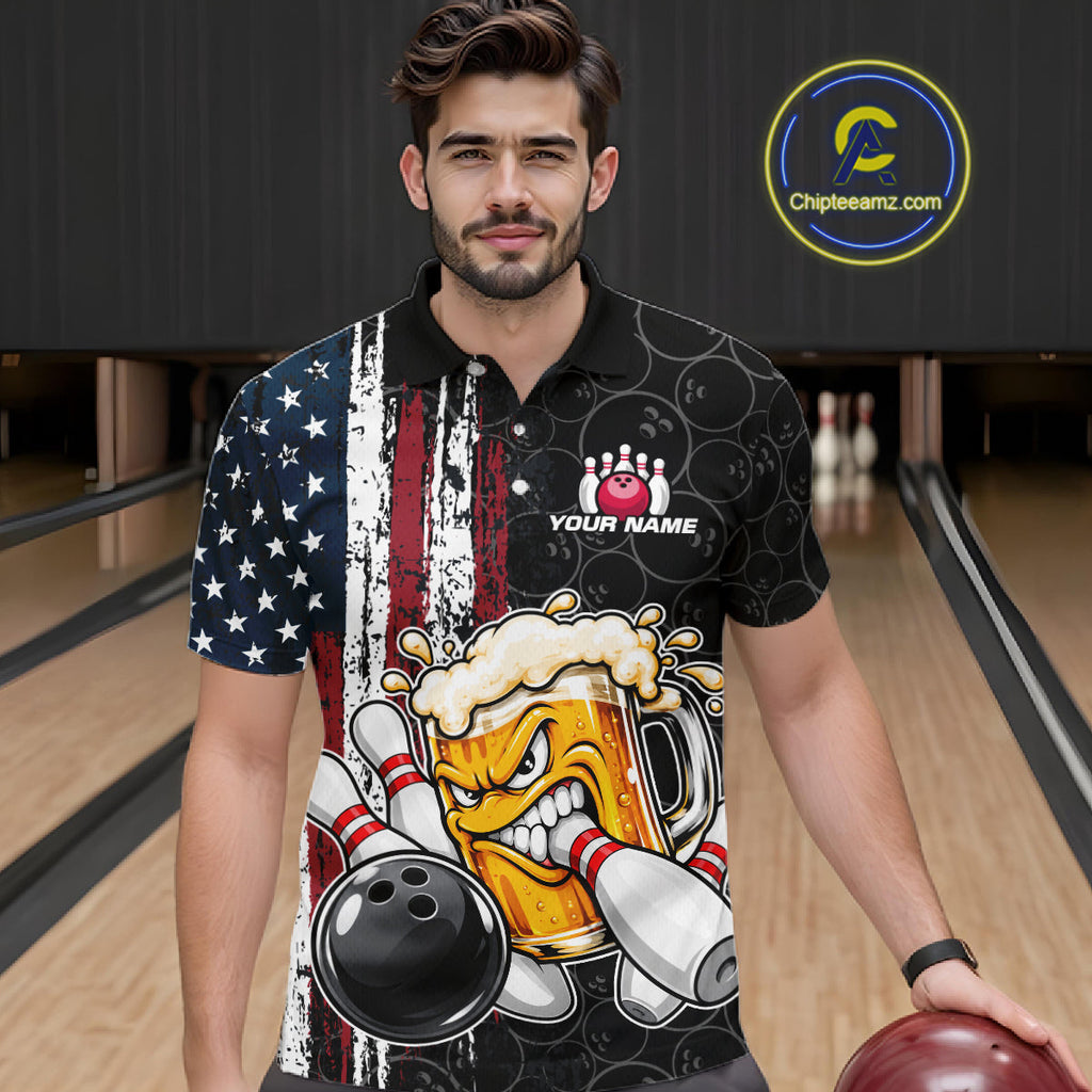 Vintage American Flag Funny Beer Bowling Shirts Custom Patriotic Bowling Team Jersey