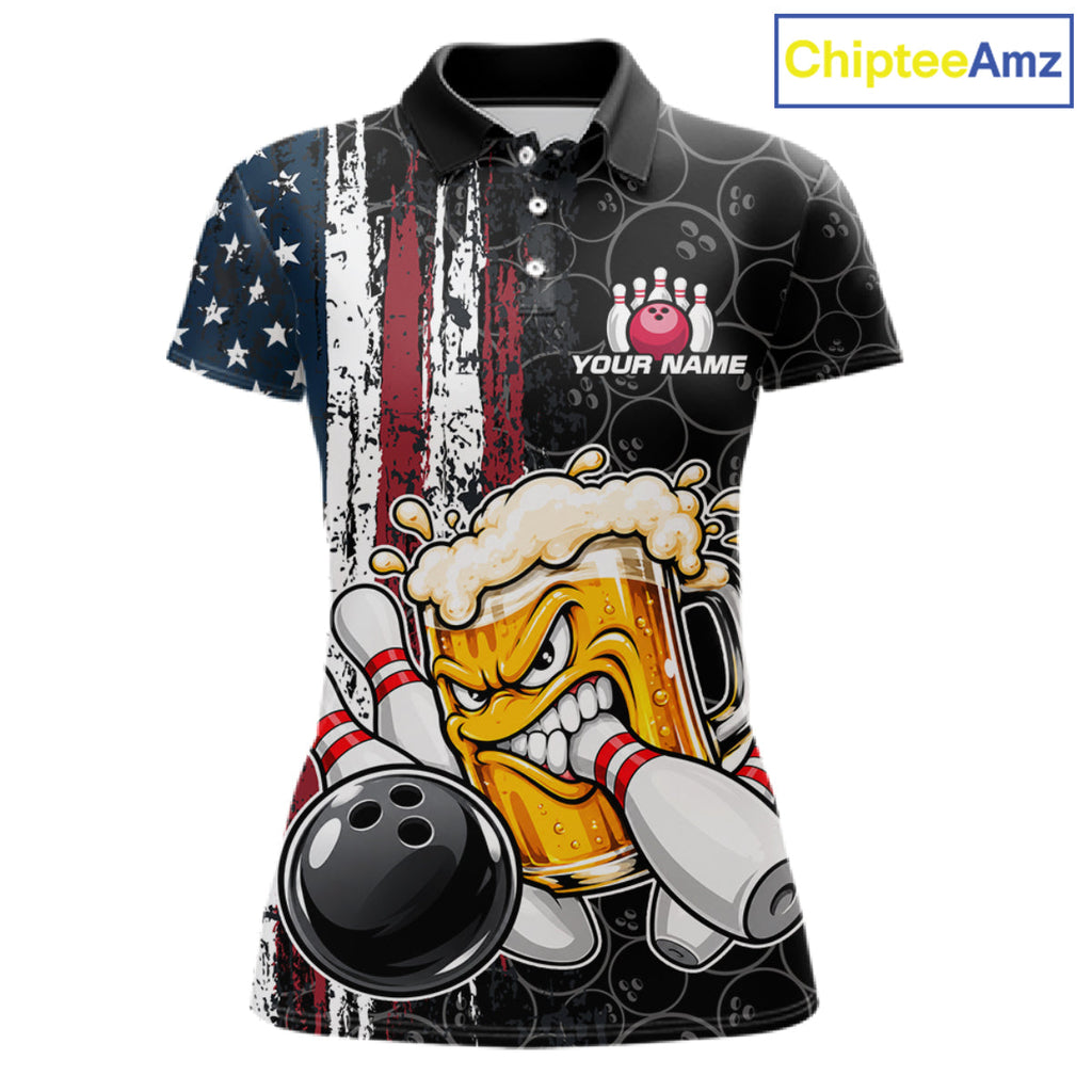 Vintage American Flag Funny Beer Bowling Shirts Custom Patriotic Bowling Team Jersey