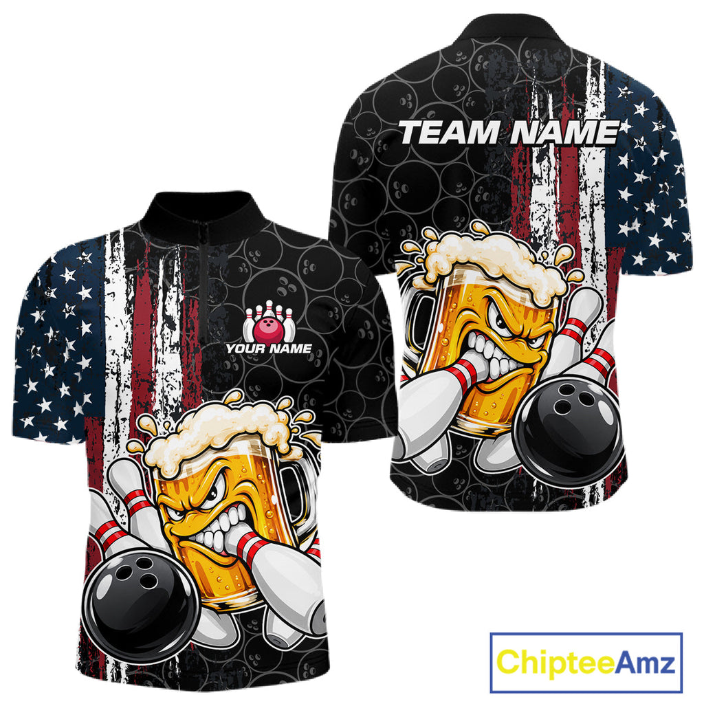 Vintage American Flag Funny Beer Bowling Shirts Custom Patriotic Bowling Team Jersey