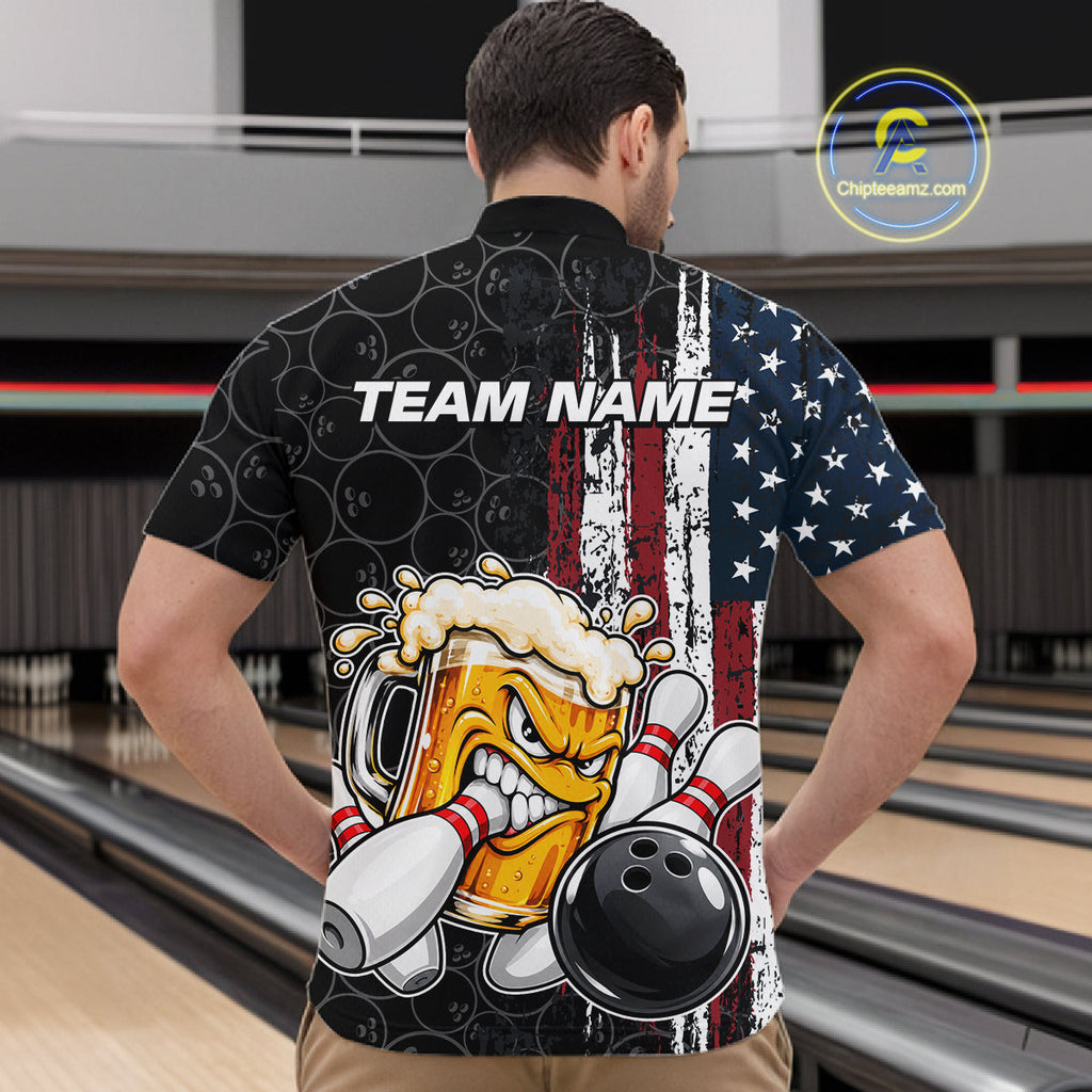 Vintage American Flag Funny Beer Bowling Shirts Custom Patriotic Bowling Team Jersey