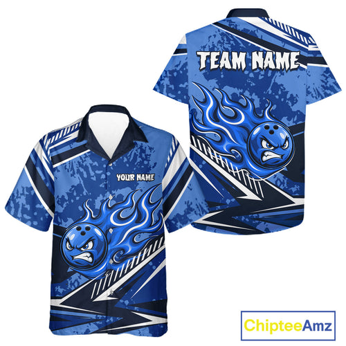 Blue Grunge Camo Funny Flame Bowling Hawaiian Shirt Custom Bowling Team Jersey, Bowling Button-Up Shirt