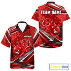 Red Grunge Camo Funny Flame Bowling Hawaiian Shirt Custom Bowling Team Jersey, Bowling Button-Up Shirt
