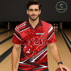 Red Grunge Camo Funny Flame Bowling Hawaiian Shirt Custom Bowling Team Jersey, Bowling Button-Up Shirt