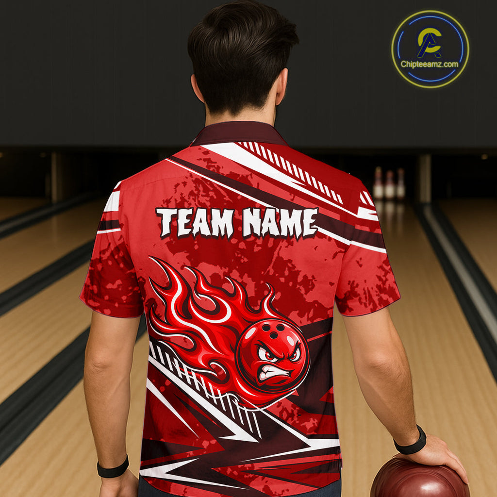 Red Grunge Camo Funny Flame Bowling Hawaiian Shirt Custom Bowling Team Jersey, Bowling Button-Up Shirt