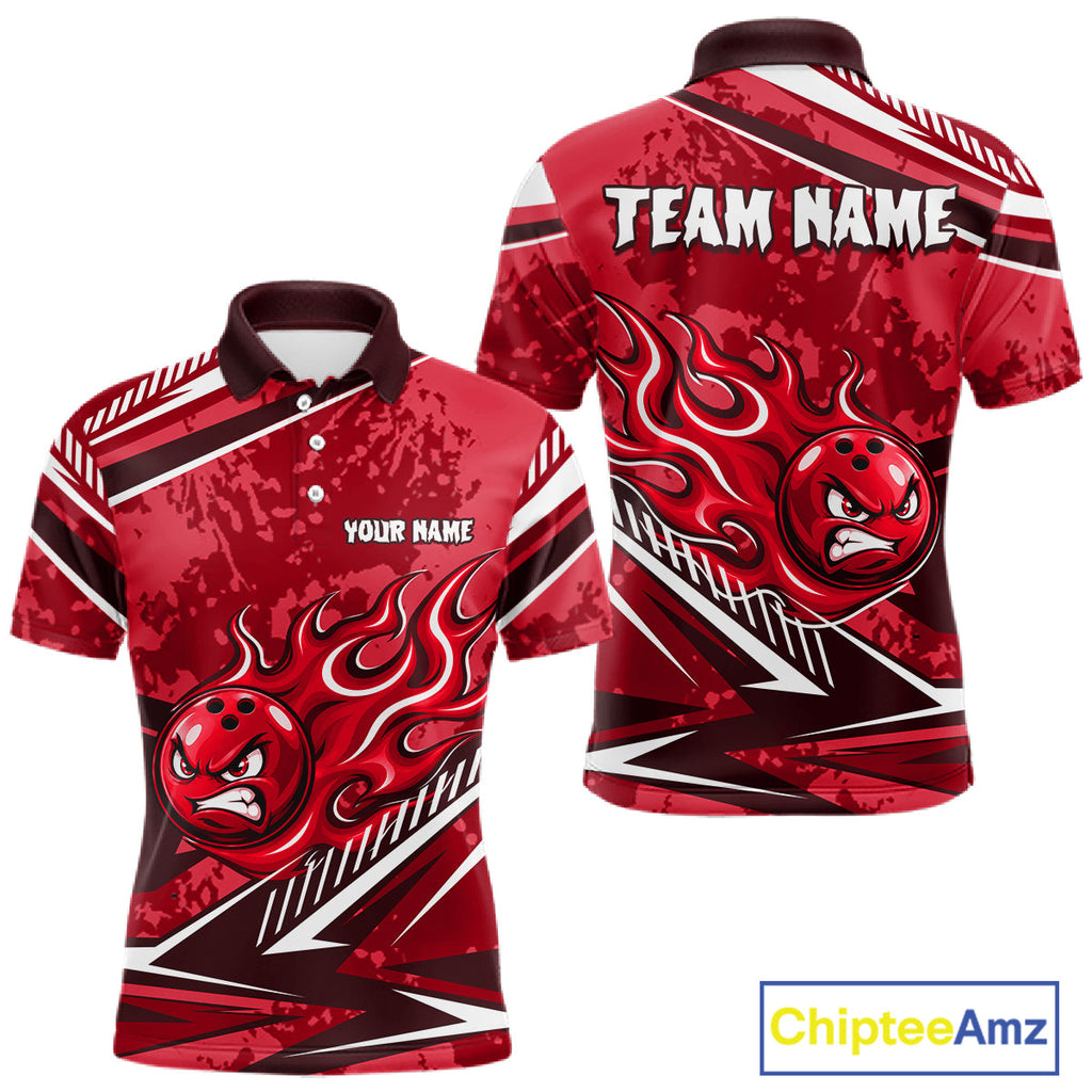 Red Grunge Camo Funny Flame Bowling Shirts Custom Bowling Team Jersey Polo & Quarter Zip