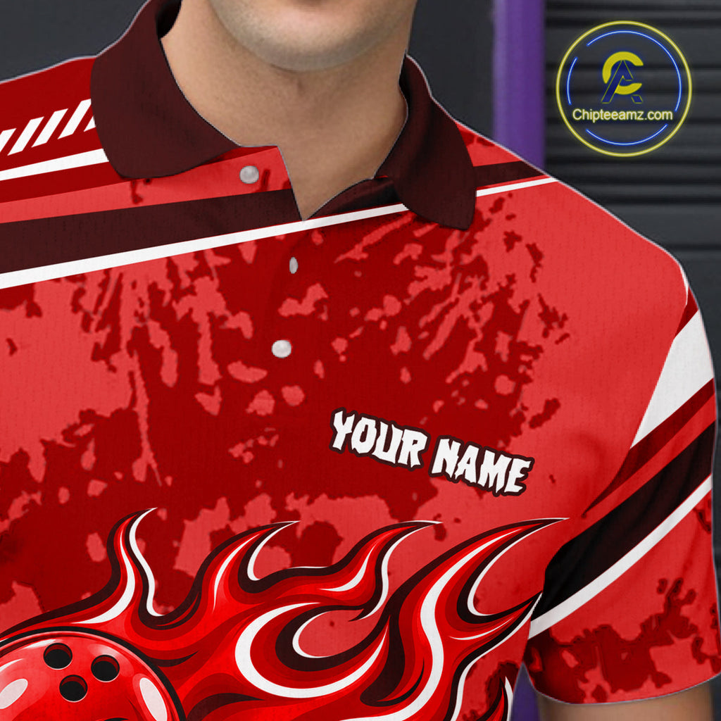 Red Grunge Camo Funny Flame Bowling Shirts Custom Bowling Team Jersey Polo & Quarter Zip