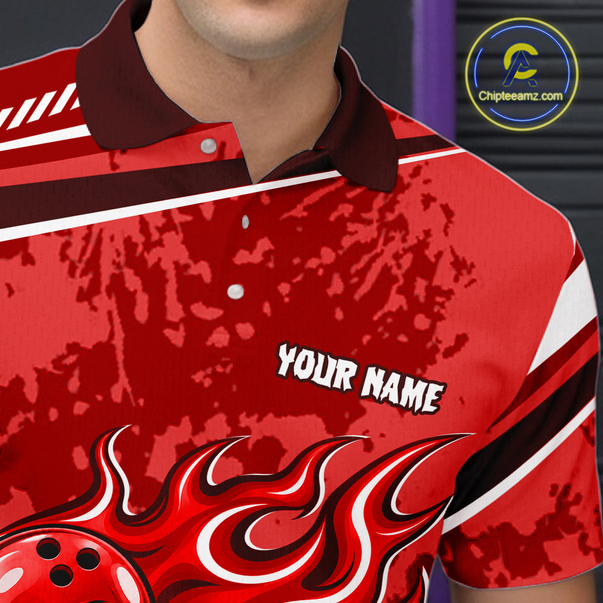 Red Grunge Camo Funny Flame Bowling Shirts Custom Bowling Team Jersey Polo & Quarter Zip