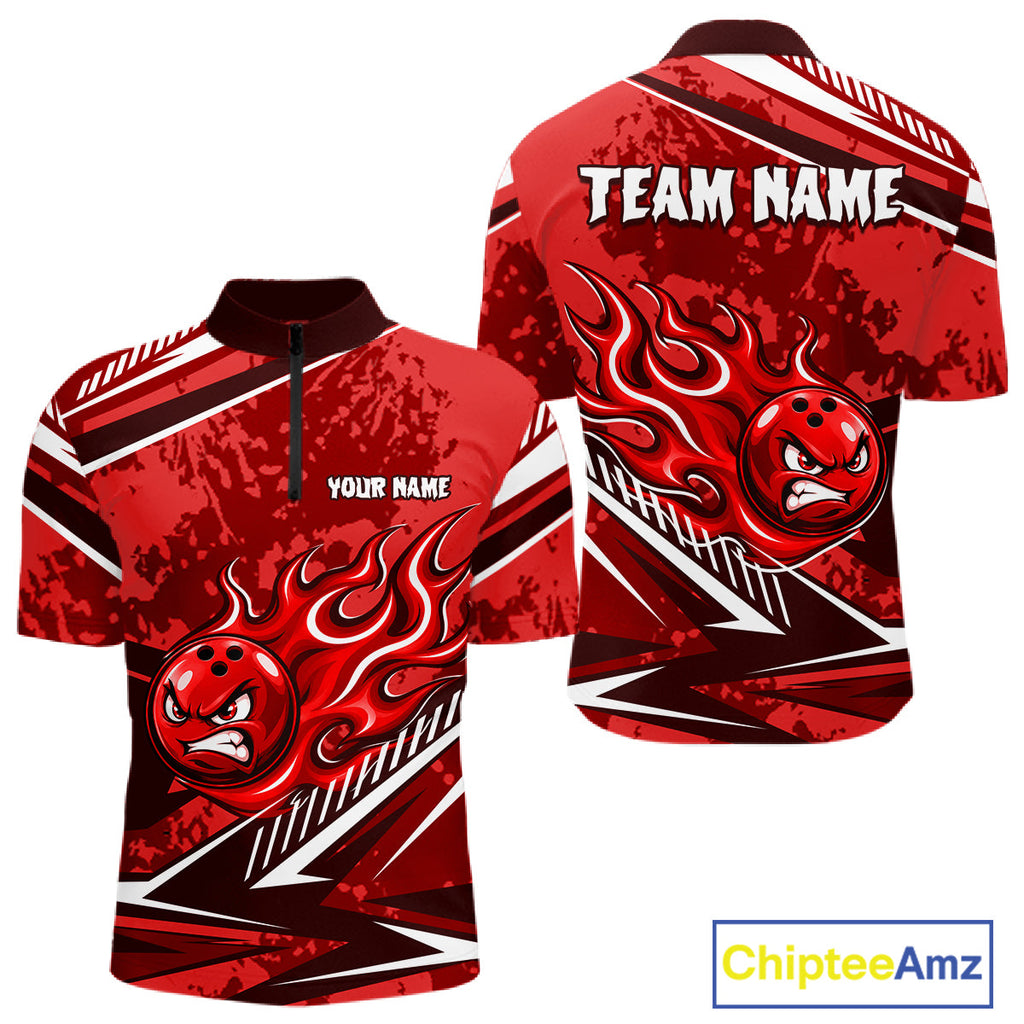 Red Grunge Camo Funny Flame Bowling Shirts Custom Bowling Team Jersey Polo & Quarter Zip