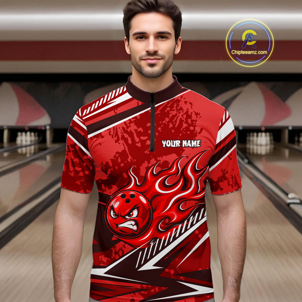 Red Grunge Camo Funny Flame Bowling Shirts Custom Bowling Team Jersey Polo & Quarter Zip