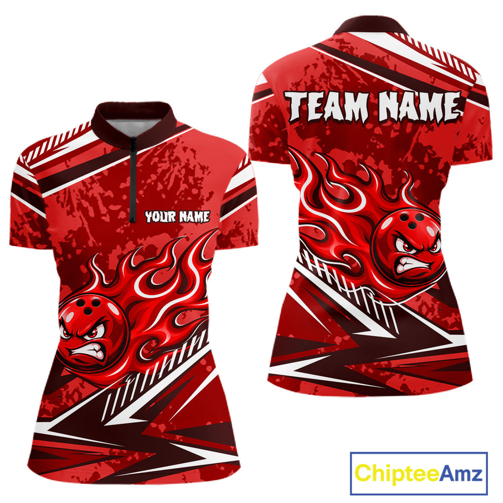 Red Grunge Camo Funny Flame Bowling Shirts Custom Bowling Team Jersey Polo & Quarter Zip
