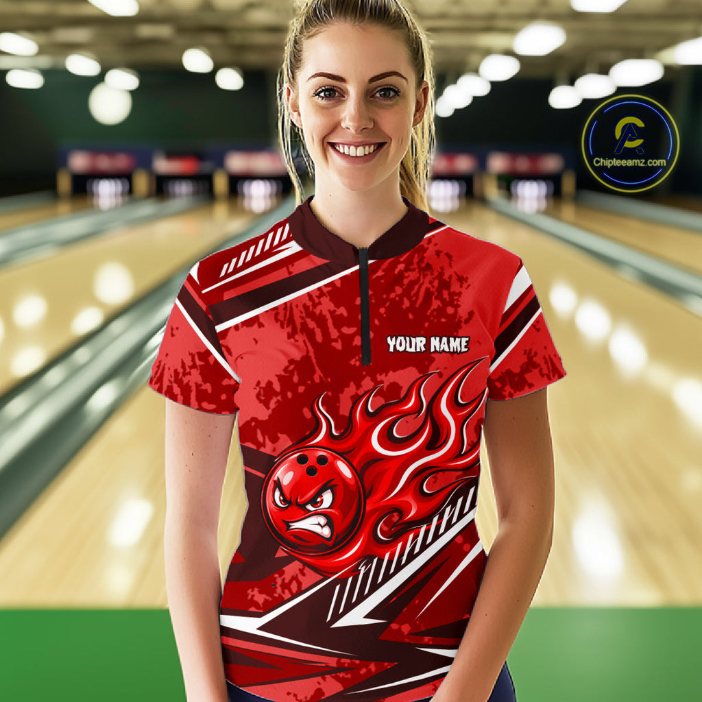 Red Grunge Camo Funny Flame Bowling Shirts Custom Bowling Team Jersey Polo & Quarter Zip