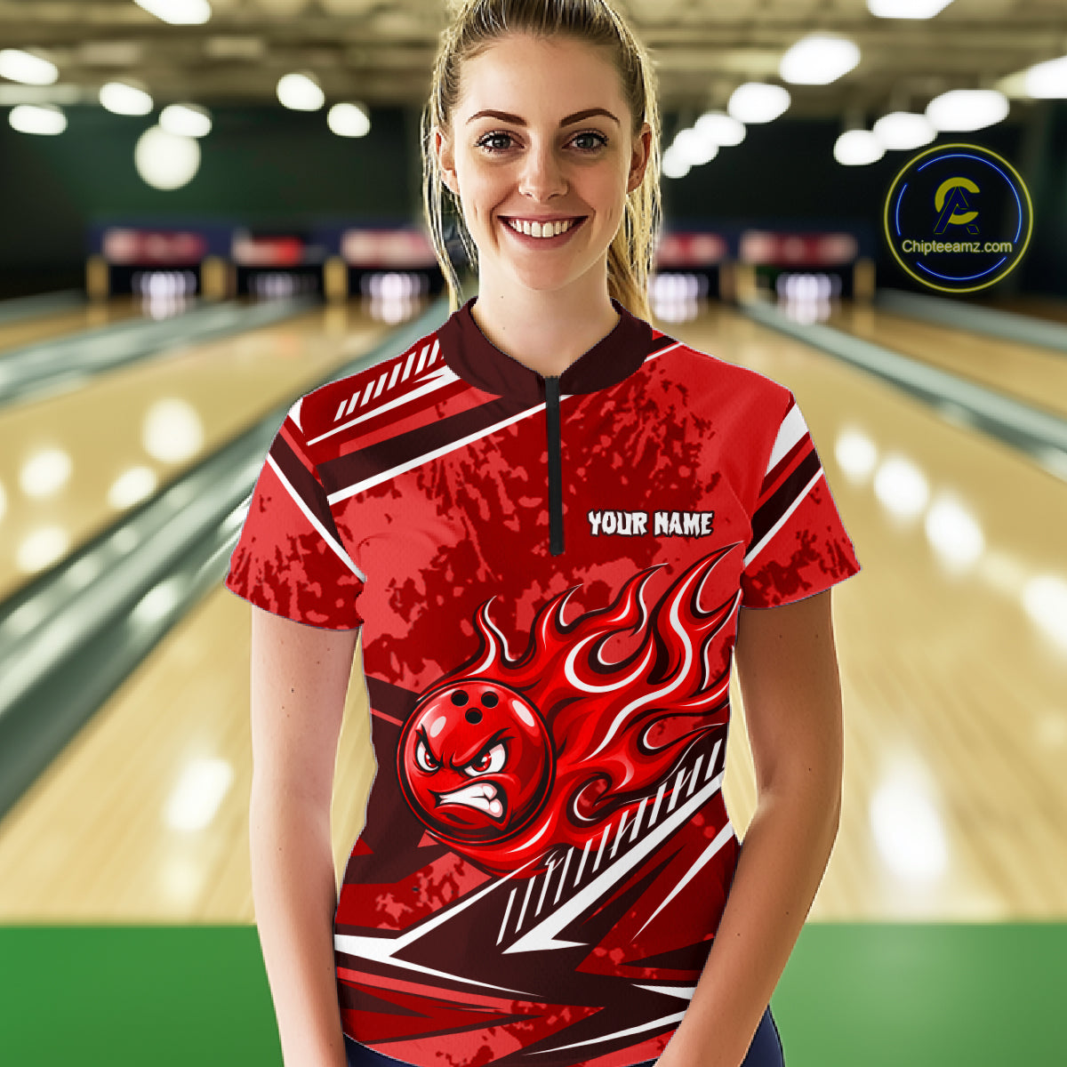 Red Grunge Camo Funny Flame Bowling Shirts Custom Bowling Team Jersey Polo & Quarter Zip