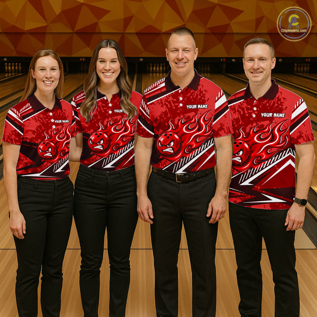 Red Grunge Camo Funny Flame Bowling Shirts Custom Bowling Team Jersey Polo & Quarter Zip