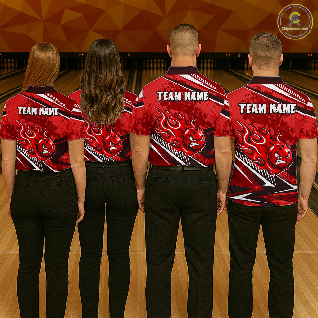 Red Grunge Camo Funny Flame Bowling Shirts Custom Bowling Team Jersey Polo & Quarter Zip