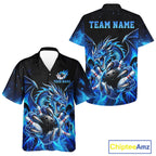 Custom Blue Flaming Dragon Bowling Hawaiian Shirt And, Bowling Team Button Up Jersey