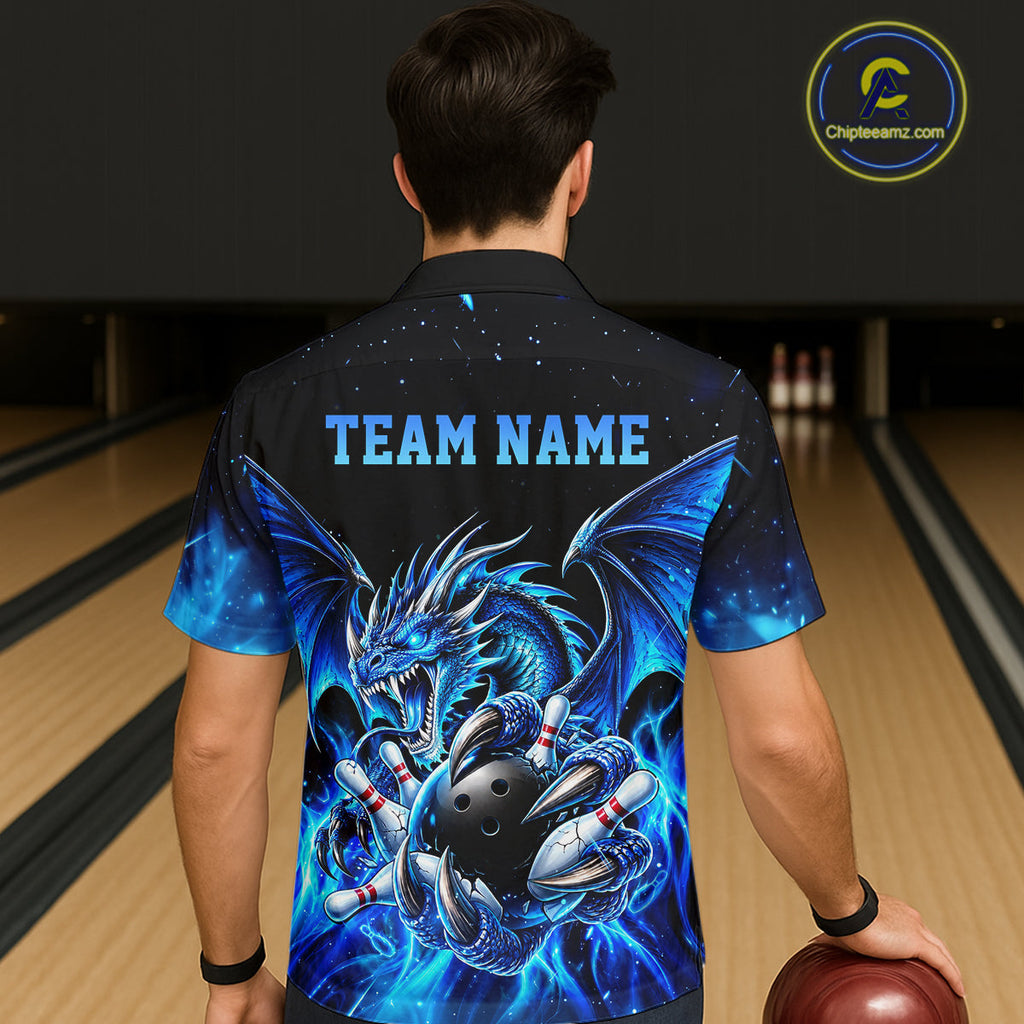 Custom Blue Flaming Dragon Bowling Hawaiian Shirt And, Bowling Team Button Up Jersey