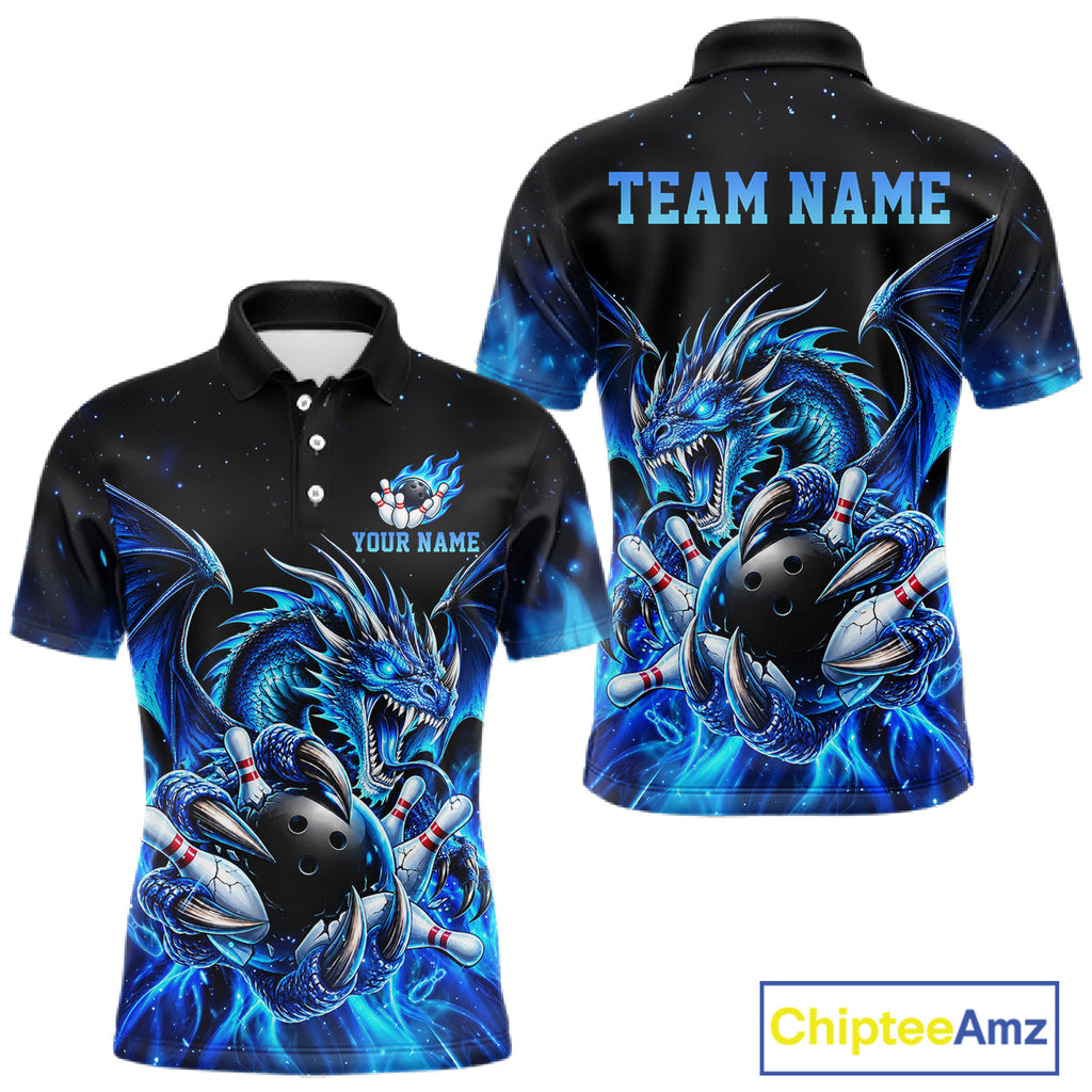 Custom Blue Flaming Dragon Bowling Jersey Custom Bowling League Team Shirts Polo & 1/4 Zip