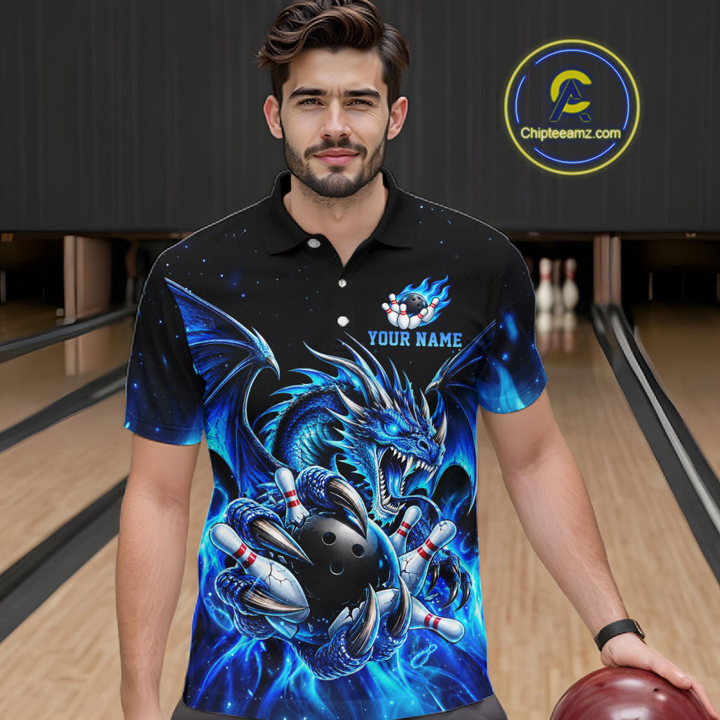 Custom Blue Flaming Dragon Bowling Jersey Custom Bowling League Team Shirts Polo & 1/4 Zip