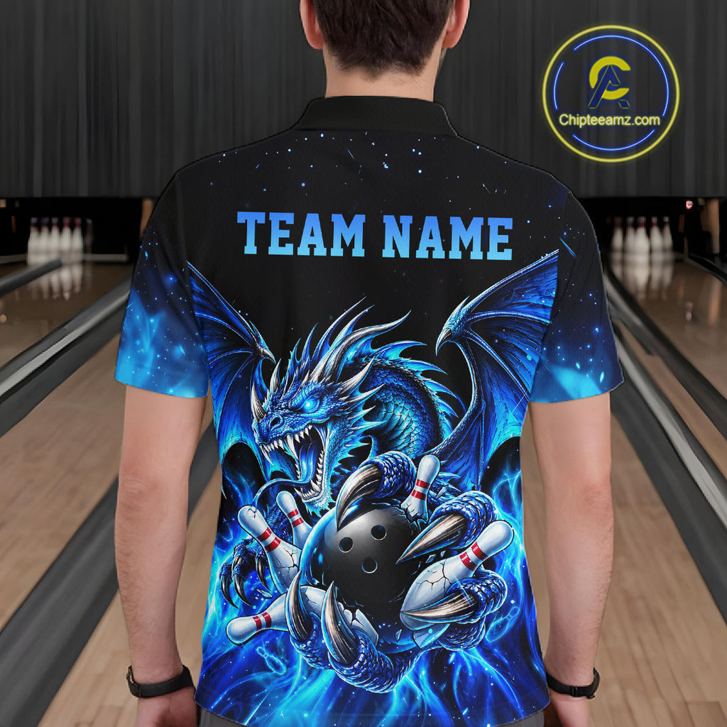 Custom Blue Flaming Dragon Bowling Jersey Custom Bowling League Team Shirts Polo & 1/4 Zip