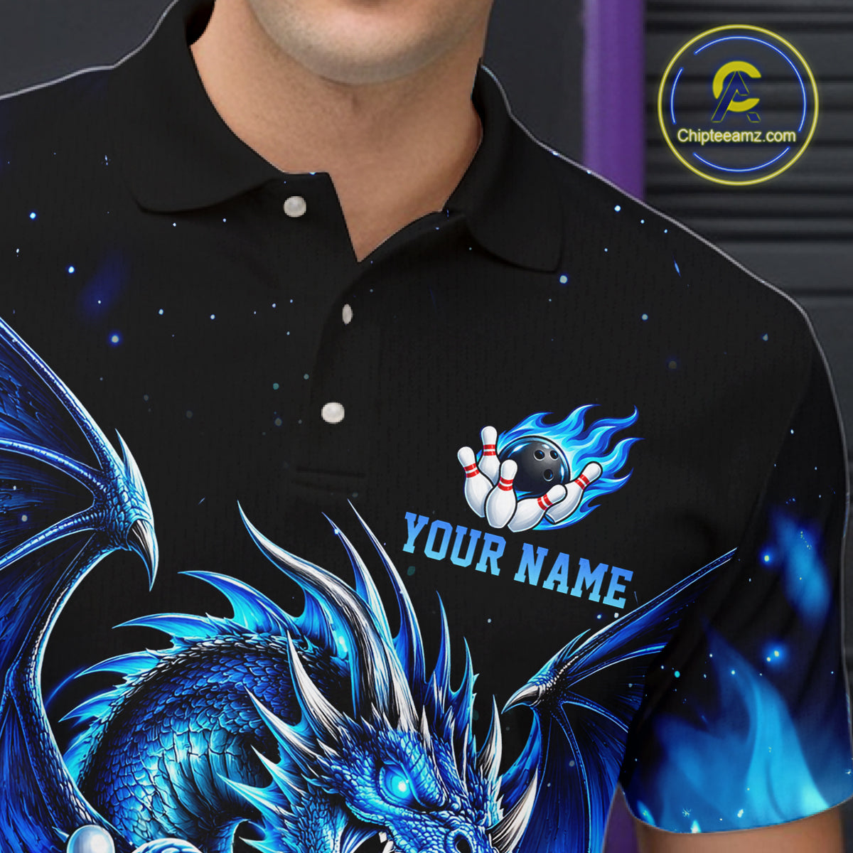 Custom Blue Flaming Dragon Bowling Jersey Custom Bowling League Team Shirts Polo & 1/4 Zip