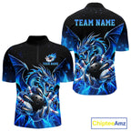 Custom Blue Flaming Dragon Bowling Jersey Custom Bowling League Team Shirts Polo & 1/4 Zip