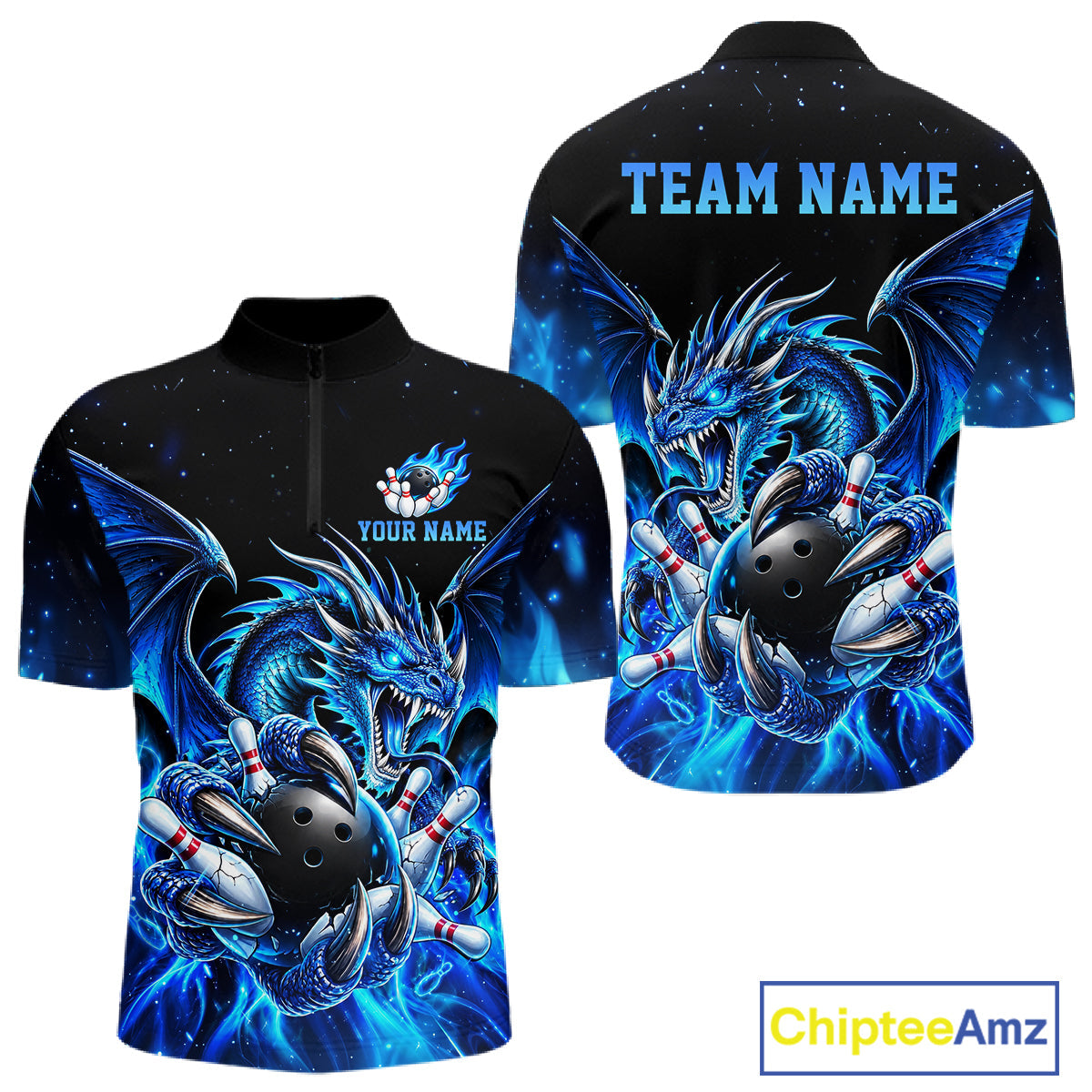 Custom Blue Flaming Dragon Bowling Jersey Custom Bowling League Team Shirts Polo & 1/4 Zip