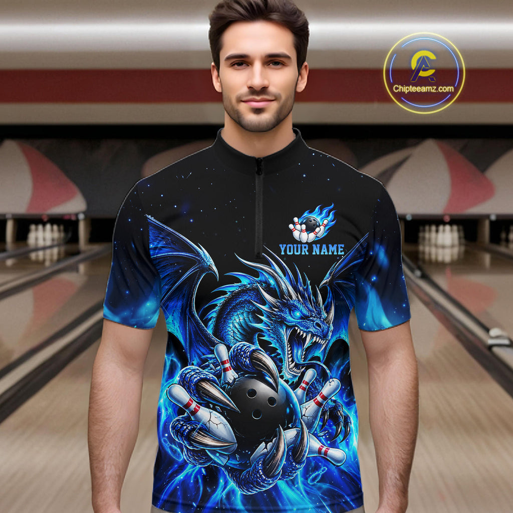 Custom Blue Flaming Dragon Bowling Jersey Custom Bowling League Team Shirts Polo & 1/4 Zip