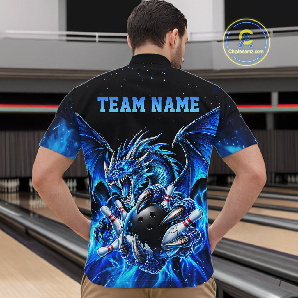 Custom Blue Flaming Dragon Bowling Jersey Custom Bowling League Team Shirts Polo & 1/4 Zip