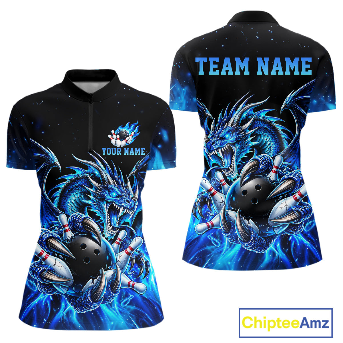 Custom Blue Flaming Dragon Bowling Jersey Custom Bowling League Team Shirts Polo & 1/4 Zip