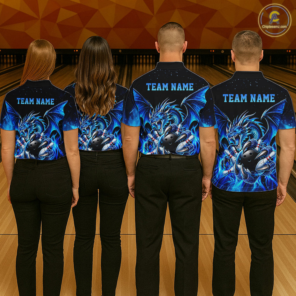 Custom Blue Flaming Dragon Bowling Jersey Custom Bowling League Team Shirts Polo & 1/4 Zip