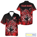Custom Red Flaming Dragon Bowling Hawaiian Shirt And, Bowling Team Button Up Jersey