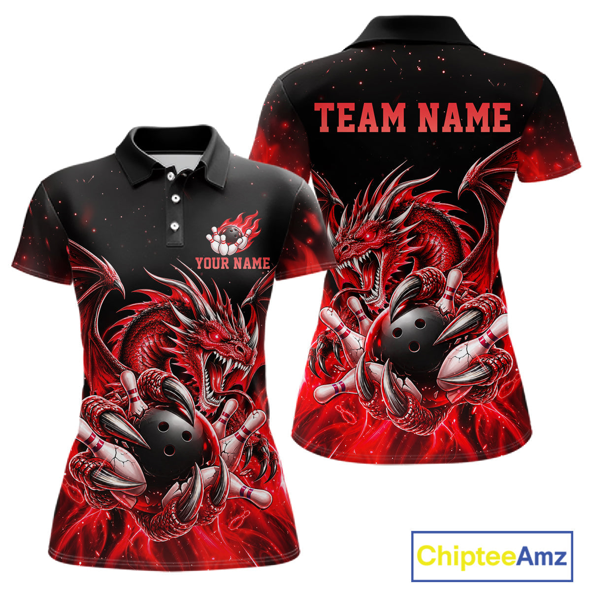 Custom Red Flaming Dragon Bowling Jersey Custom Bowling League Team Shirts Polo & 1/4 Zip