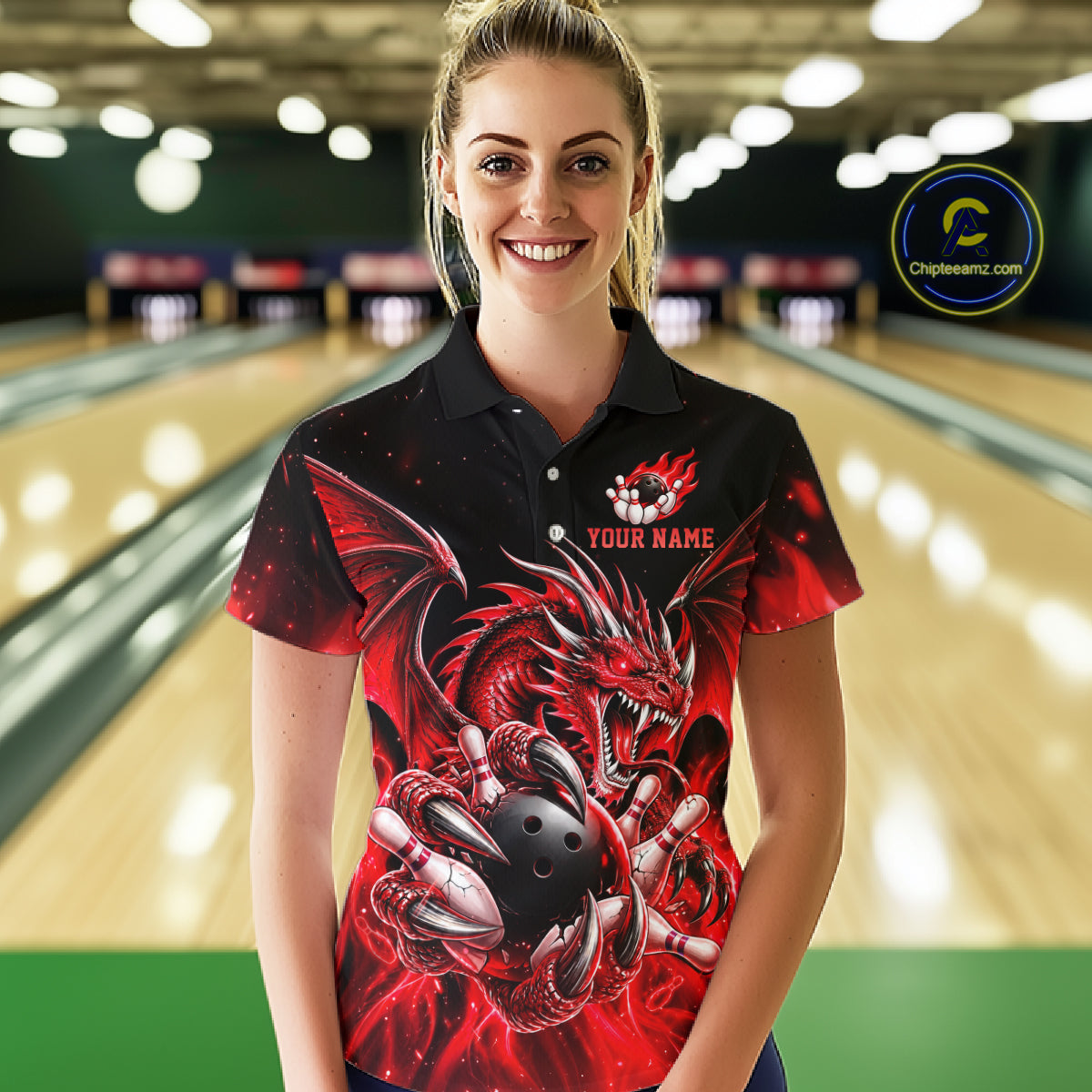 Custom Red Flaming Dragon Bowling Jersey Custom Bowling League Team Shirts Polo & 1/4 Zip