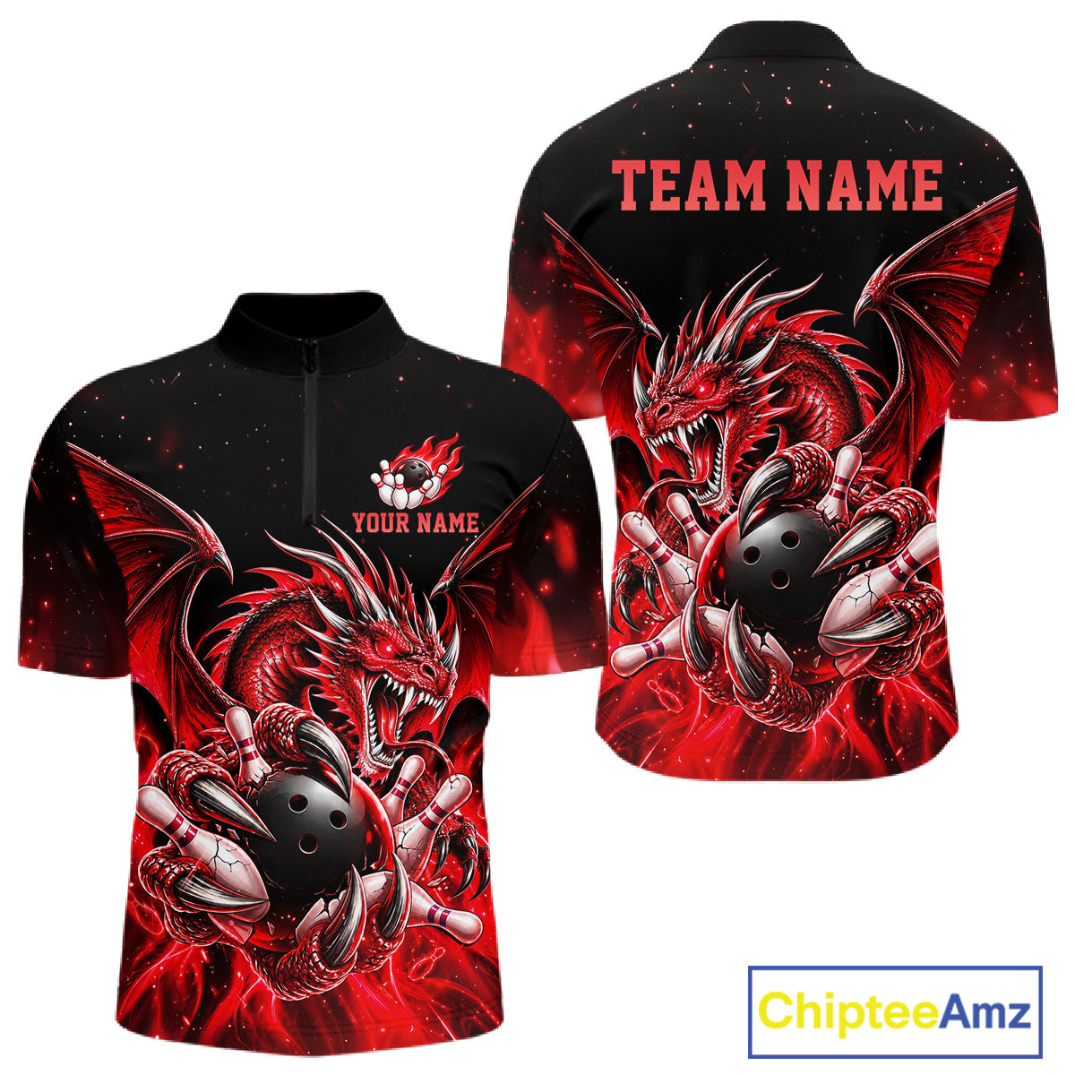 Custom Red Flaming Dragon Bowling Jersey Custom Bowling League Team Shirts Polo & 1/4 Zip