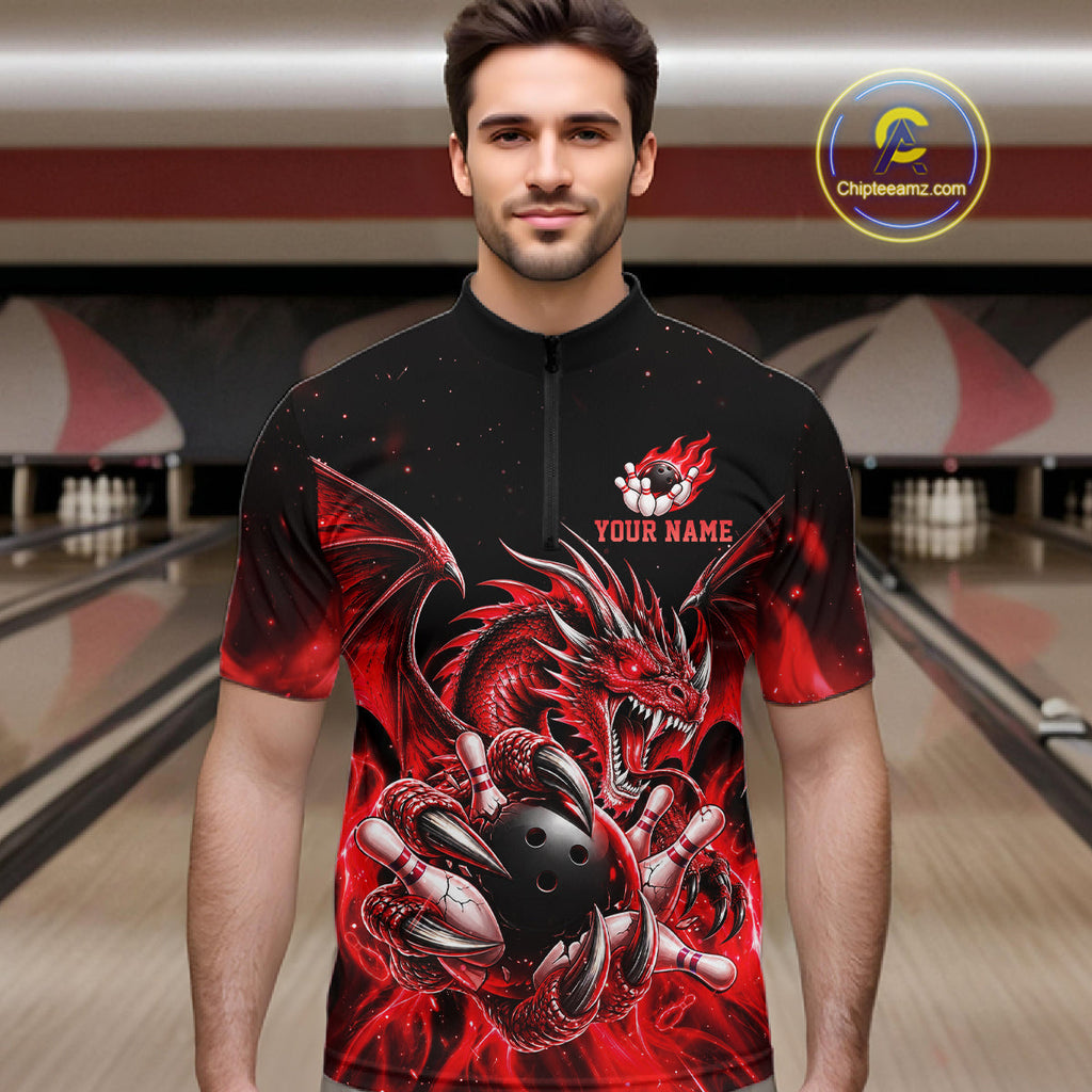 Custom Red Flaming Dragon Bowling Jersey Custom Bowling League Team Shirts Polo & 1/4 Zip