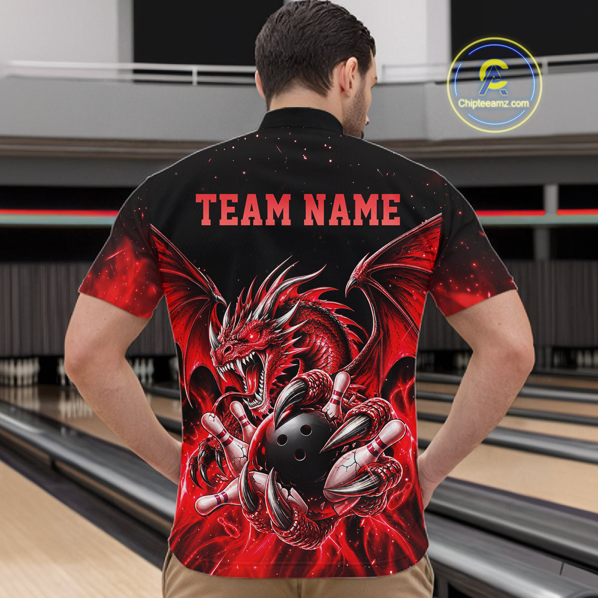 Custom Red Flaming Dragon Bowling Jersey Custom Bowling League Team Shirts Polo & 1/4 Zip