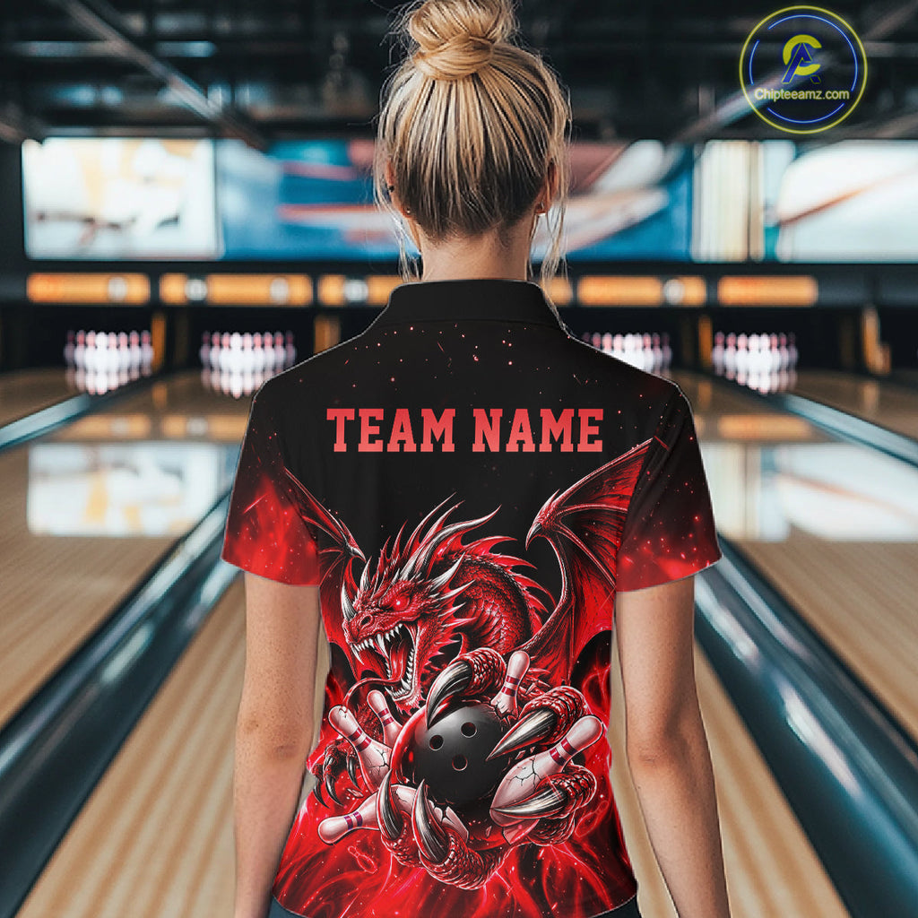 Custom Red Flaming Dragon Bowling Jersey Custom Bowling League Team Shirts Polo & 1/4 Zip