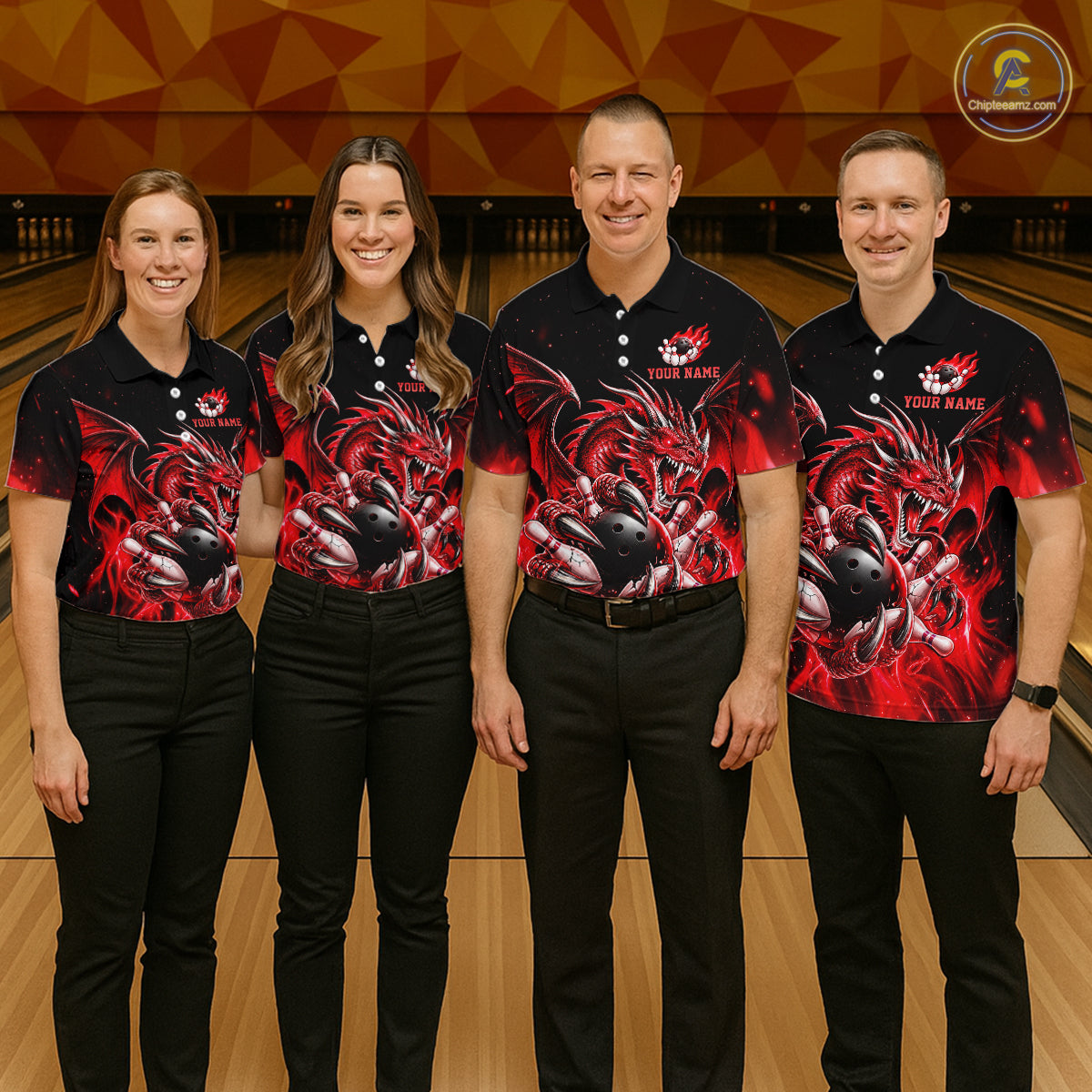 Custom Red Flaming Dragon Bowling Jersey Custom Bowling League Team Shirts Polo & 1/4 Zip