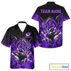 Custom Purple Flaming Dragon Bowling Hawaiian Shirt And, Bowling Team Button Up Jersey