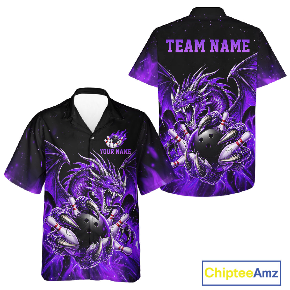 Custom Purple Flaming Dragon Bowling Hawaiian Shirt And, Bowling Team Button Up Jersey
