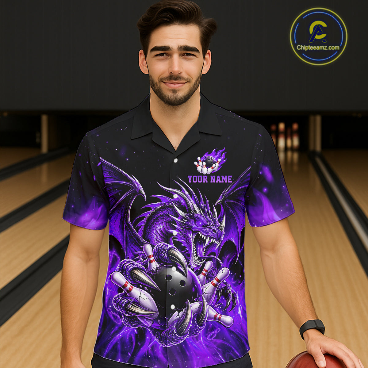 Custom Purple Flaming Dragon Bowling Hawaiian Shirt And, Bowling Team Button Up Jersey