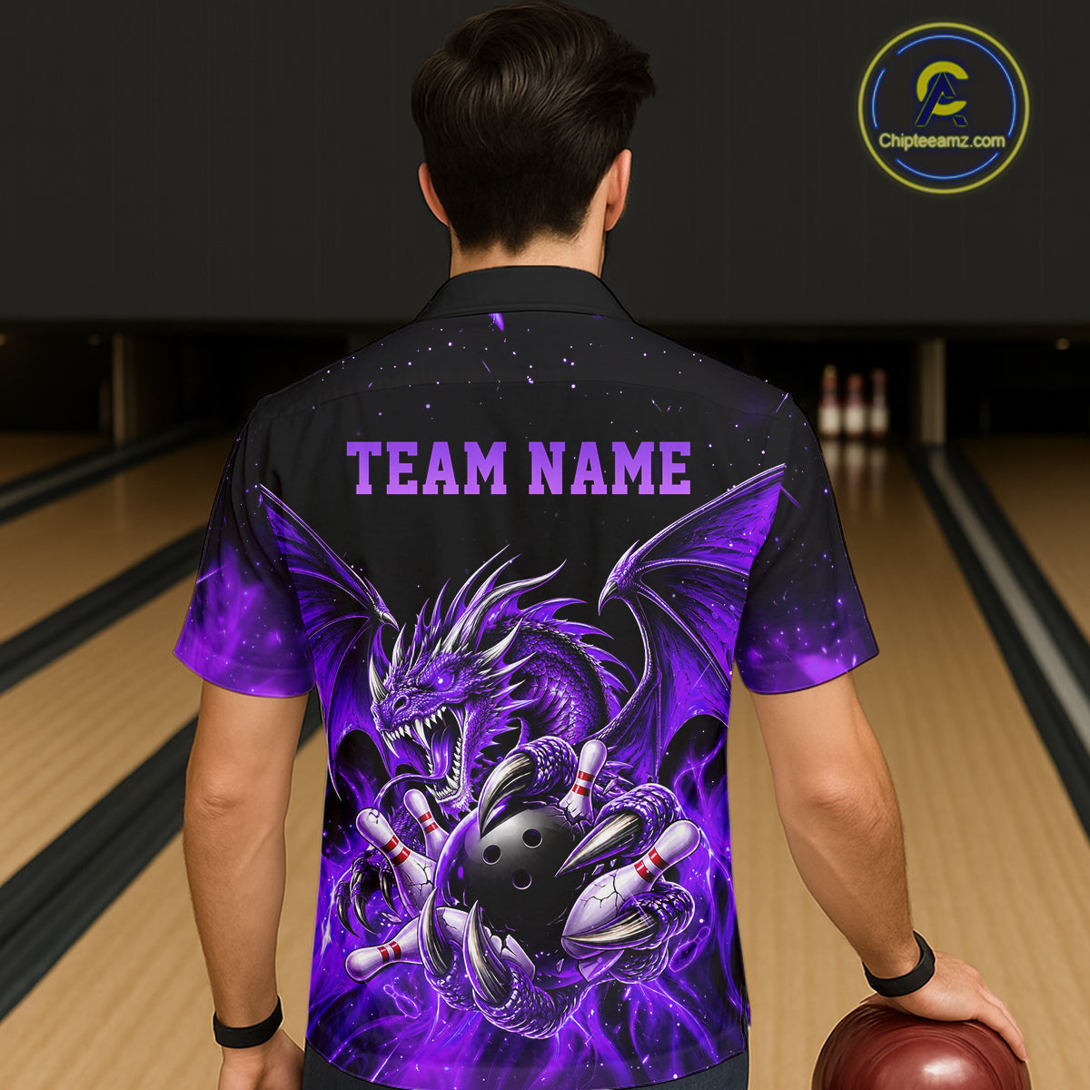 Custom Purple Flaming Dragon Bowling Hawaiian Shirt And, Bowling Team Button Up Jersey
