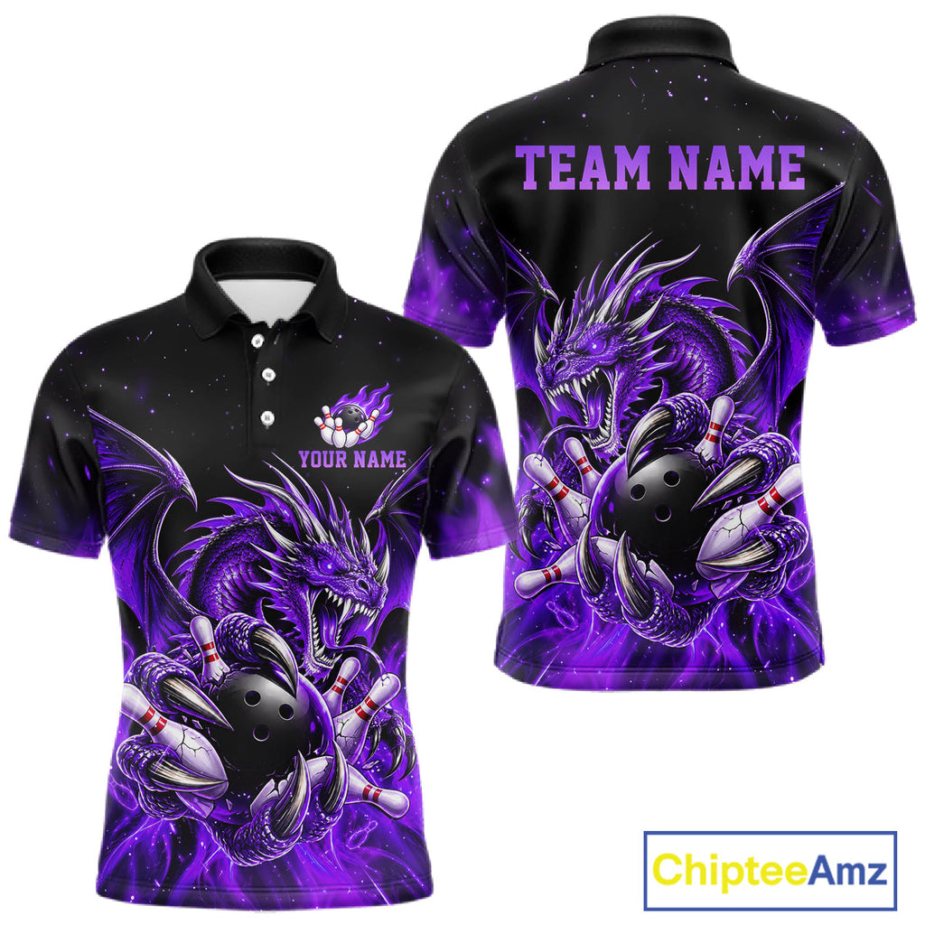 Custom Purple Flaming Dragon Bowling Jersey Custom Bowling League Team Shirt Polo, 1/4 Zip