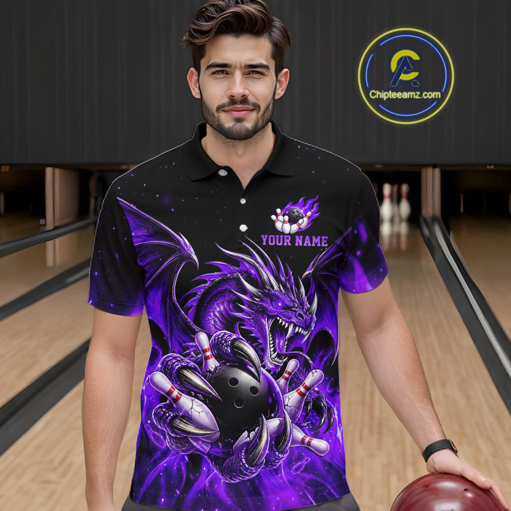 Custom Purple Flaming Dragon Bowling Jersey Custom Bowling League Team Shirt Polo, 1/4 Zip