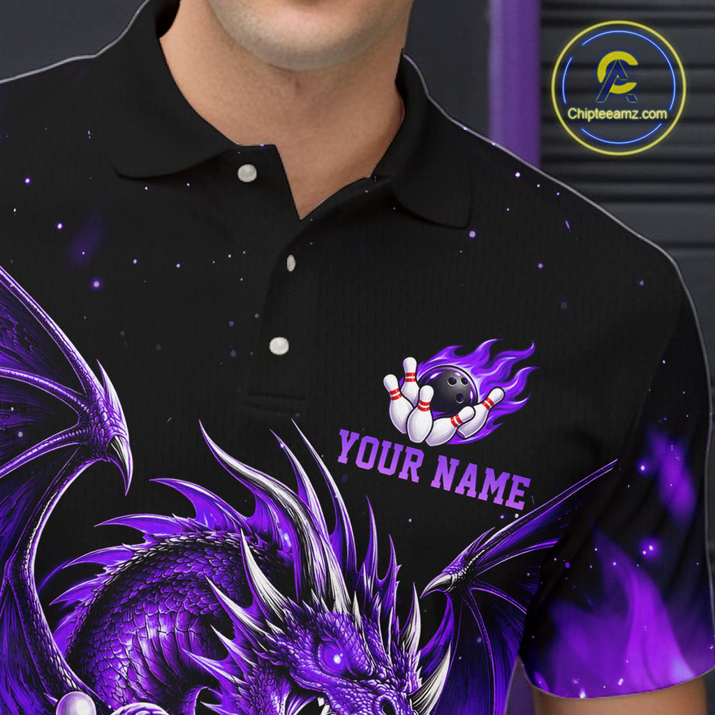 Custom Purple Flaming Dragon Bowling Jersey Custom Bowling League Team Shirt Polo, 1/4 Zip