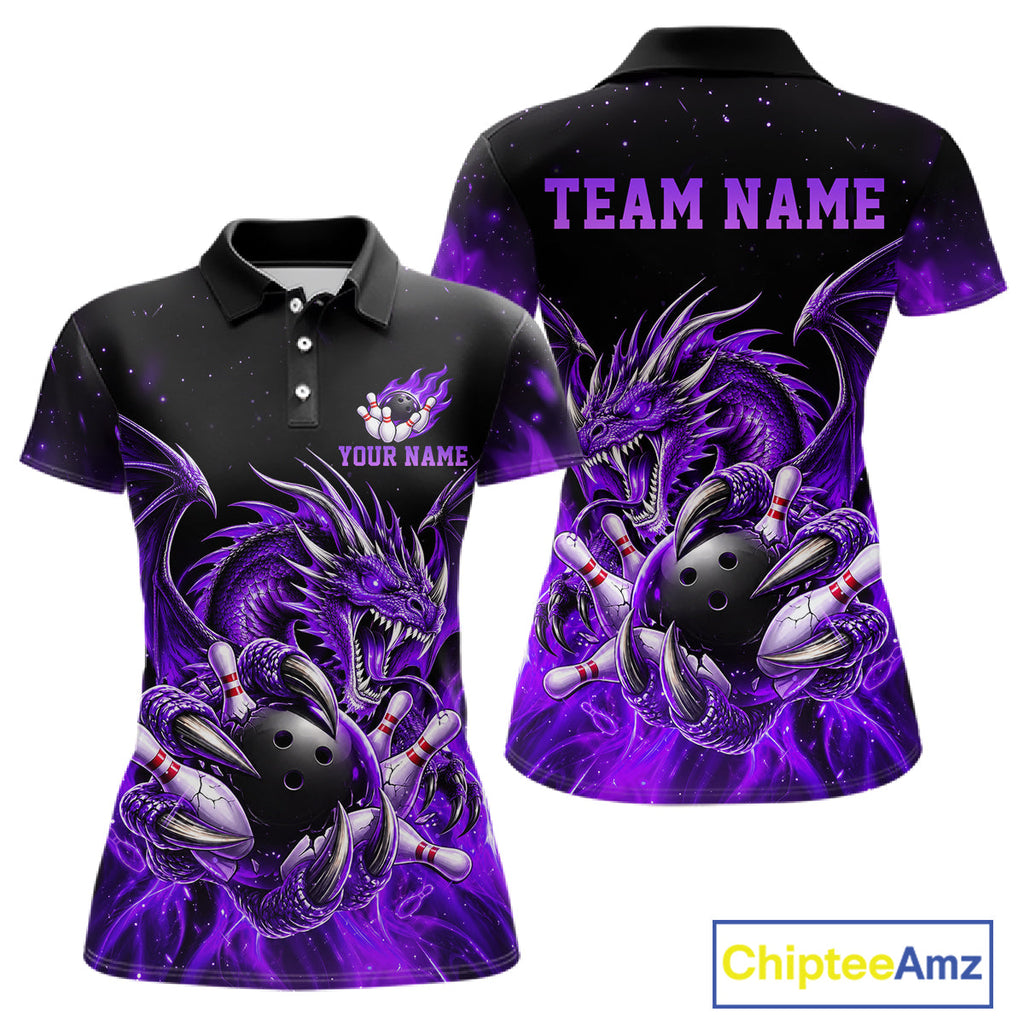 Custom Purple Flaming Dragon Bowling Jersey Custom Bowling League Team Shirt Polo, 1/4 Zip