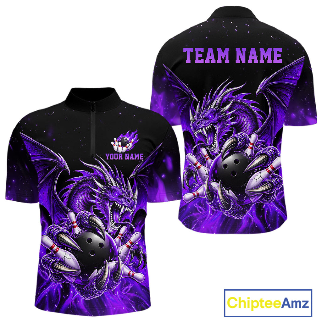 Custom Purple Flaming Dragon Bowling Jersey Custom Bowling League Team Shirt Polo, 1/4 Zip
